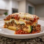 A thick, layered slice of zucchini lasagna featuring meat sauce, ricotta, and melted mozzarella cheese on a white plate.