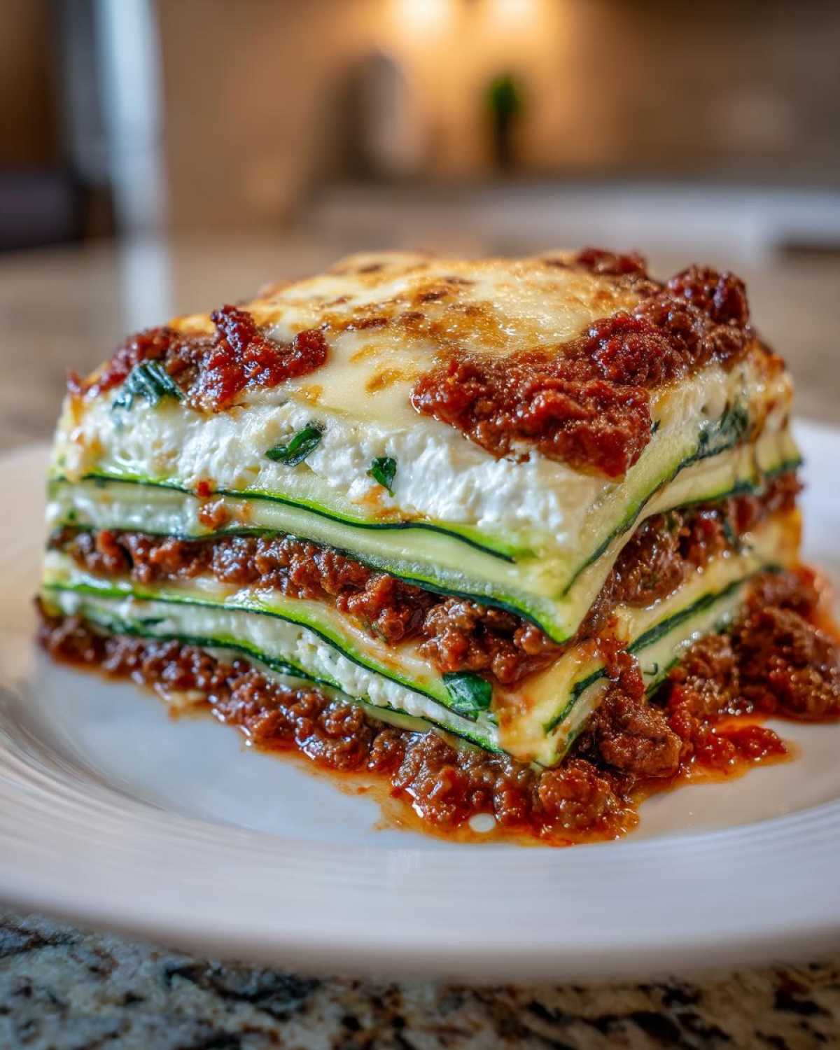 A tall, layered slice of zucchini lasagna featuring zucchini noodles, ricotta, and rich meat sauce, topped with melted cheese.