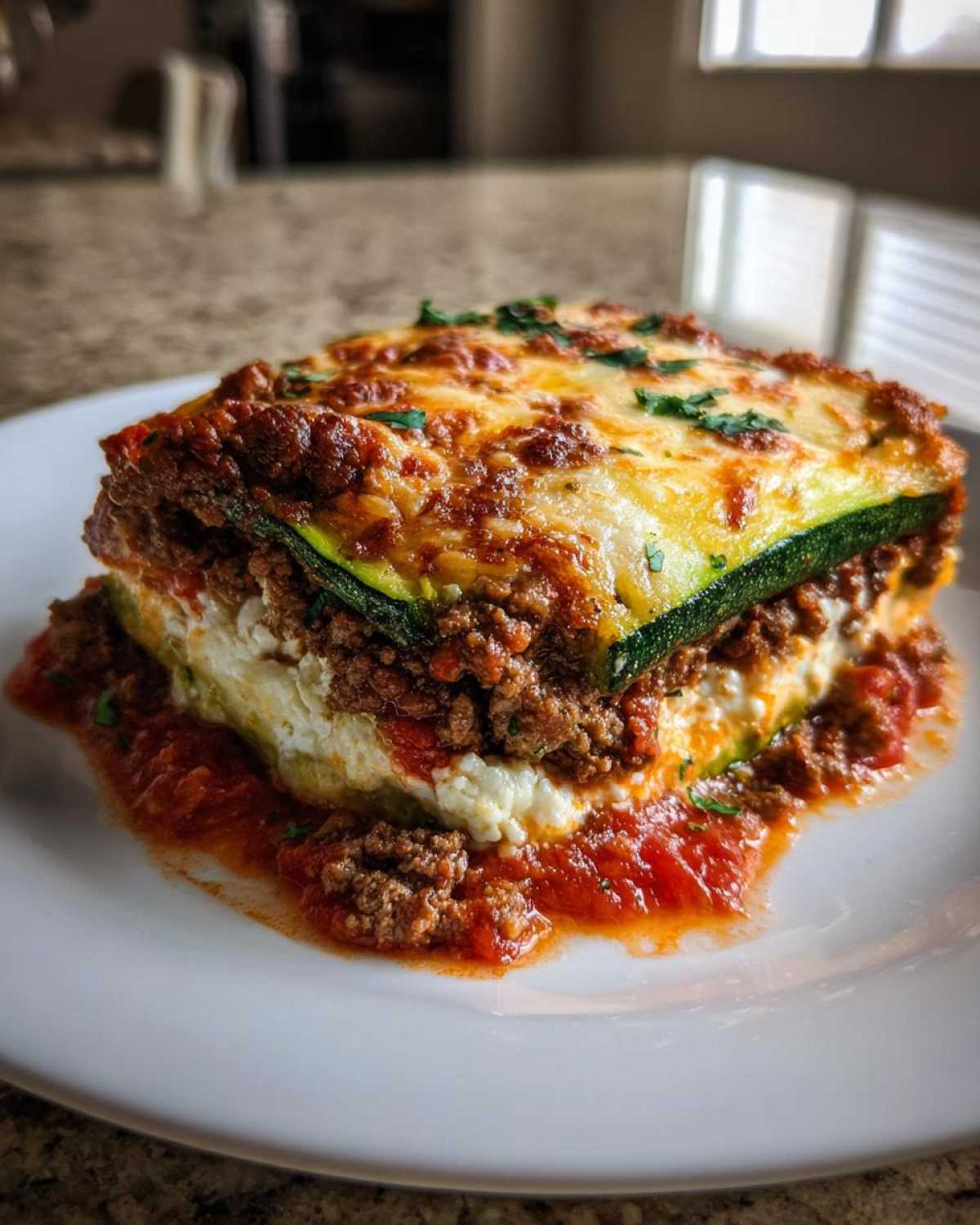 A hearty slice of zucchini lasagna featuring layers of meat sauce, ricotta, and zucchini noodles, topped with melted cheese.