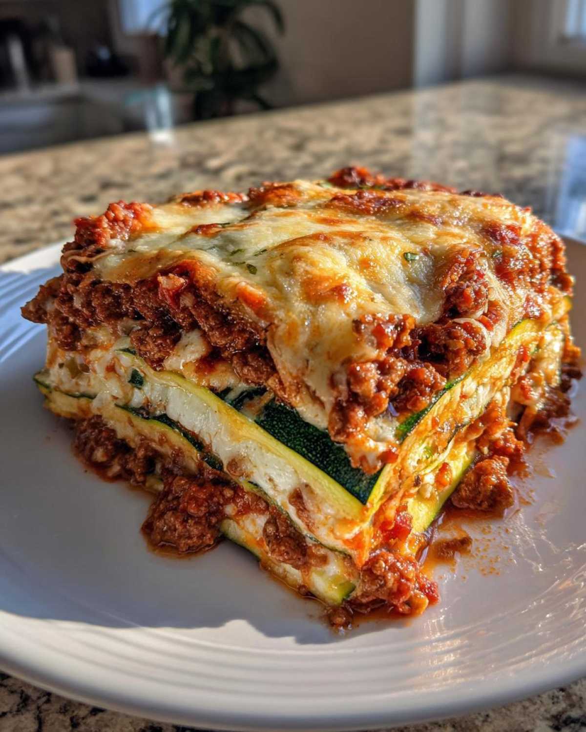 A thick, layered slice of zucchini lasagna featuring zucchini noodles, ricotta, and rich meat sauce topped with melted cheese.