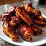 Close-up of crispy Air Fryer BBQ Chicken Wings coated in a thick, glossy sauce on a white plate.