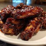 A pile of juicy, sticky Air Fryer BBQ Chicken Wings coated in dark, rich sauce on a white plate.