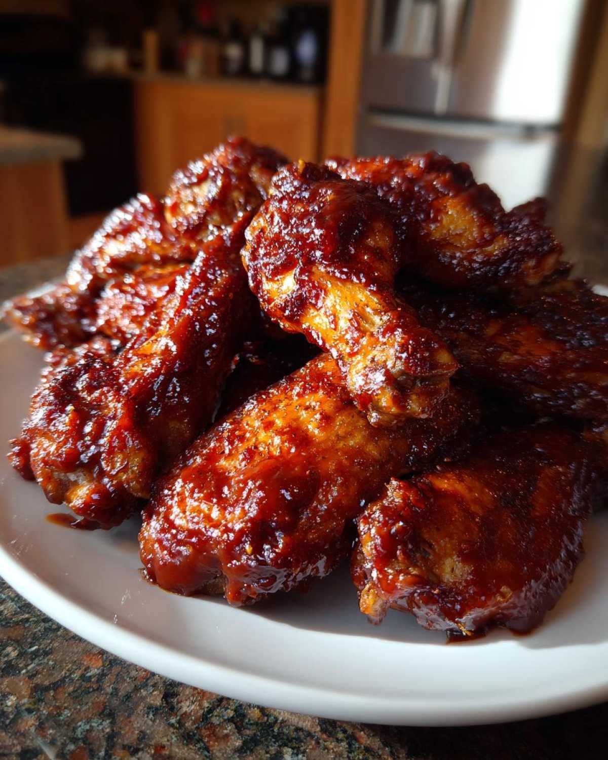 Close-up of a mound of glistening, saucy Air Fryer BBQ Chicken Wings piled high on a white plate.