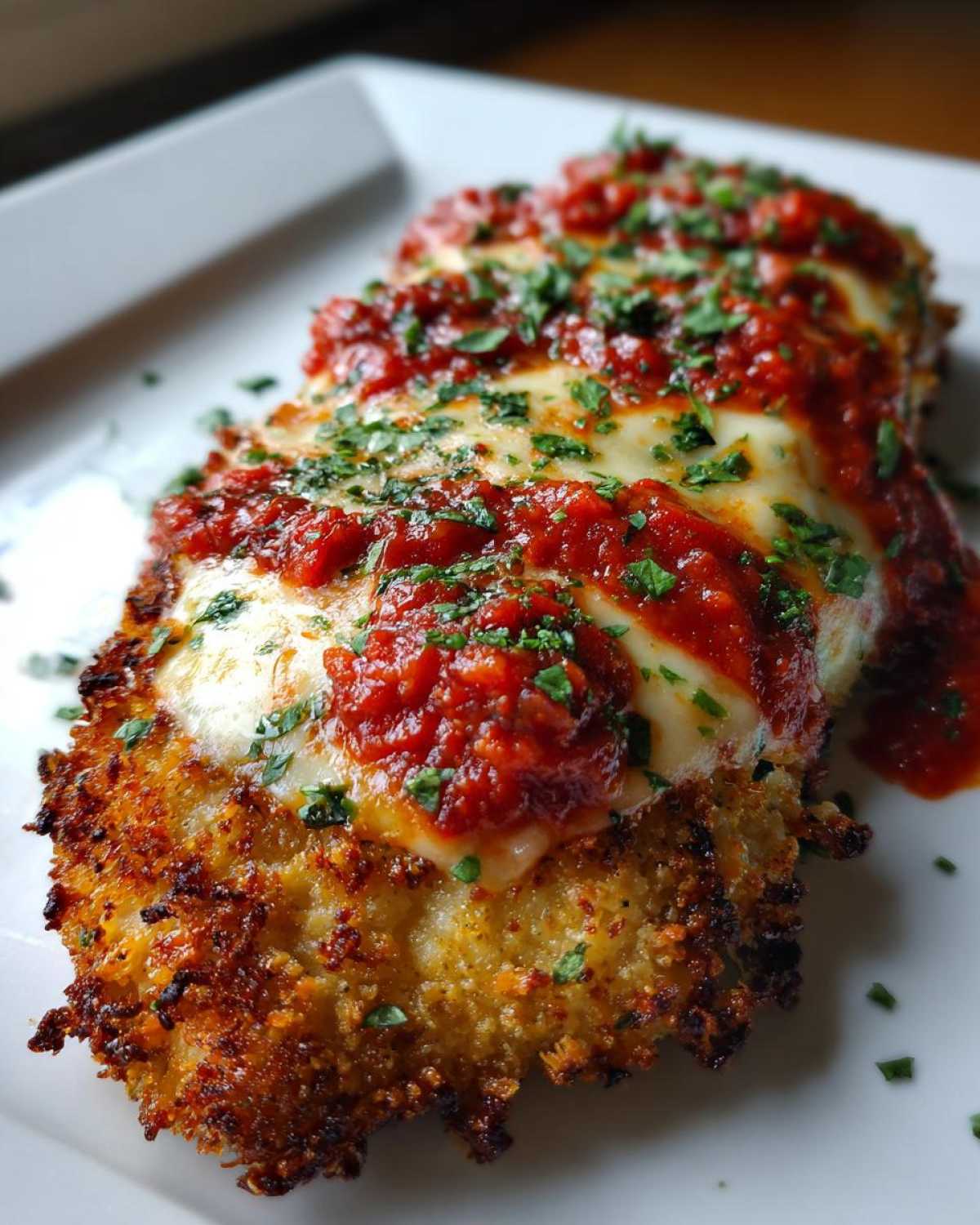Close-up of crispy Air Fryer Chicken Parmesan topped with melted mozzarella and marinara sauce, garnished with parsley.