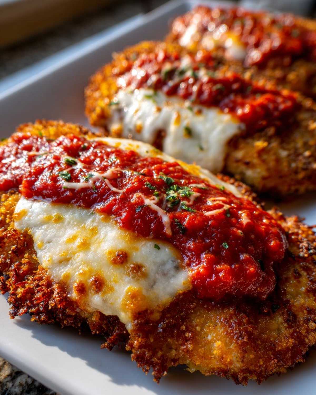 Close-up of crispy Air Fryer Chicken Parmesan topped with melted mozzarella and marinara sauce.