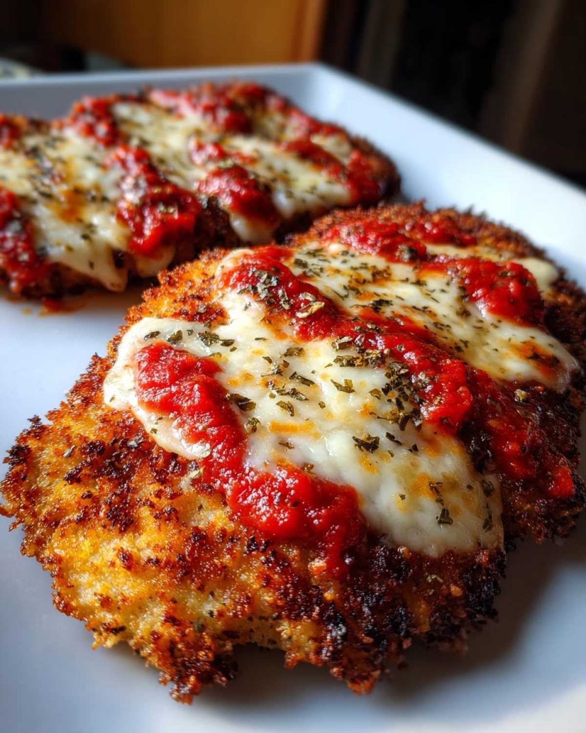Close-up of two pieces of crispy Air Fryer Chicken Parmesan topped with melted mozzarella and marinara sauce.