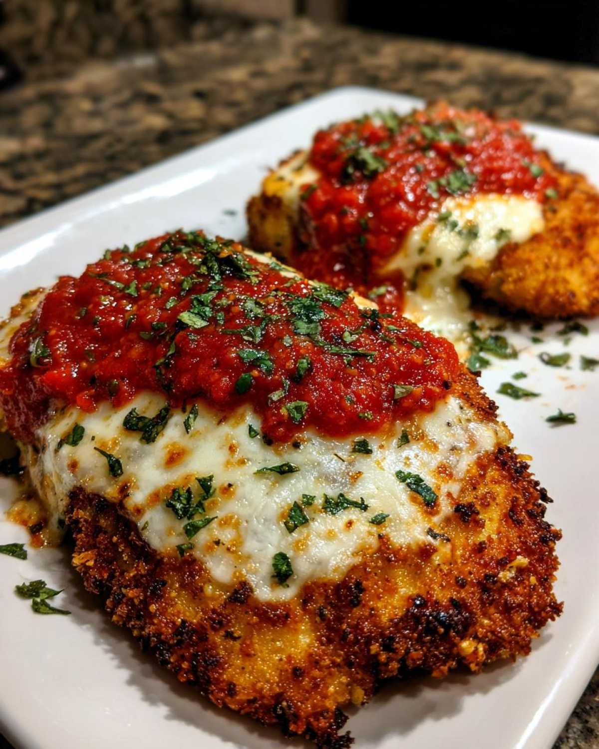 Two golden brown pieces of Air Fryer Chicken Parmesan topped with melted mozzarella and marinara sauce, garnished with parsley.