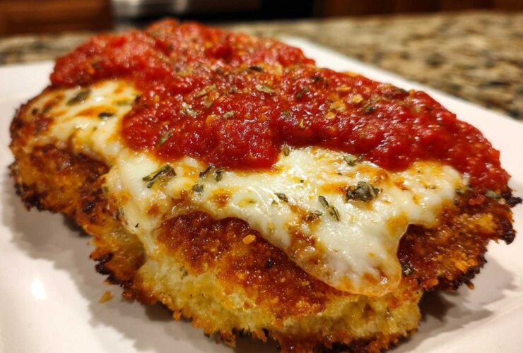 Close-up of a crispy, breaded Air Fryer Chicken Parmesan topped with melted mozzarella and marinara sauce.