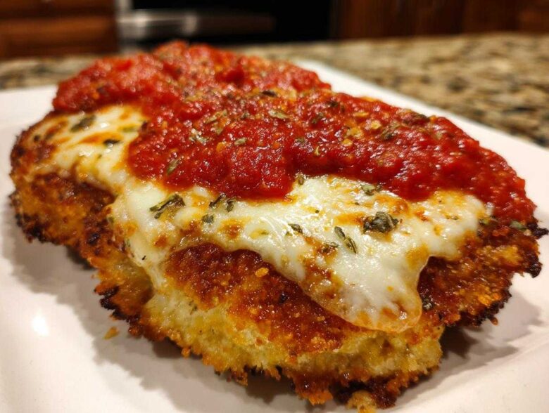 Close-up of a crispy, breaded Air Fryer Chicken Parmesan topped with melted mozzarella and marinara sauce.
