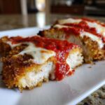 Close-up of sliced Air Fryer Chicken Parmesan showing crispy breading, white chicken meat, melted mozzarella, and marinara sauce.