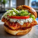 Close-up of an Air Fryer Crispy Fish Sandwich featuring a golden, breaded fillet, creamy tartar sauce, tomato, and lettuce on a toasted bun.