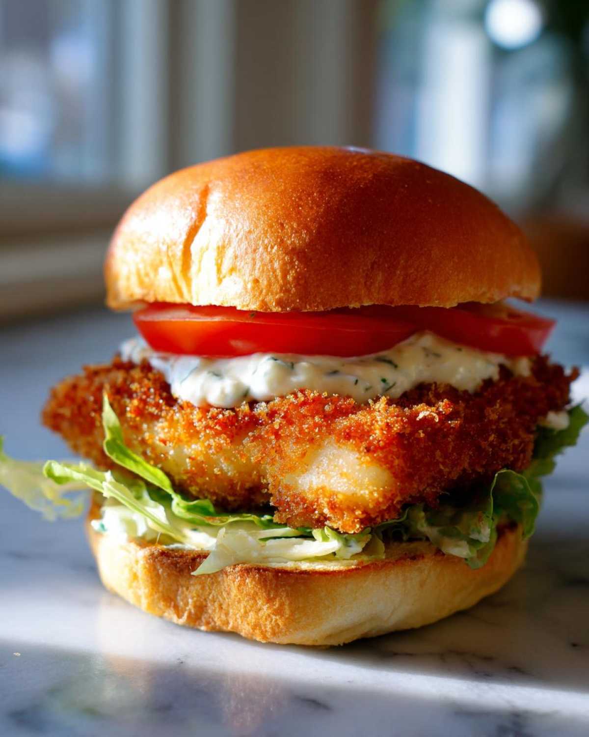 Close-up of an Air Fryer Crispy Fish Sandwich featuring a golden fried fillet, tartar sauce, tomato, and lettuce on a brioche bun.