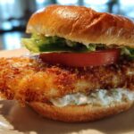 A close-up of an Air Fryer Crispy Fish Sandwich featuring a golden breaded fillet, tartar sauce, tomato, and lettuce on a brioche bun.