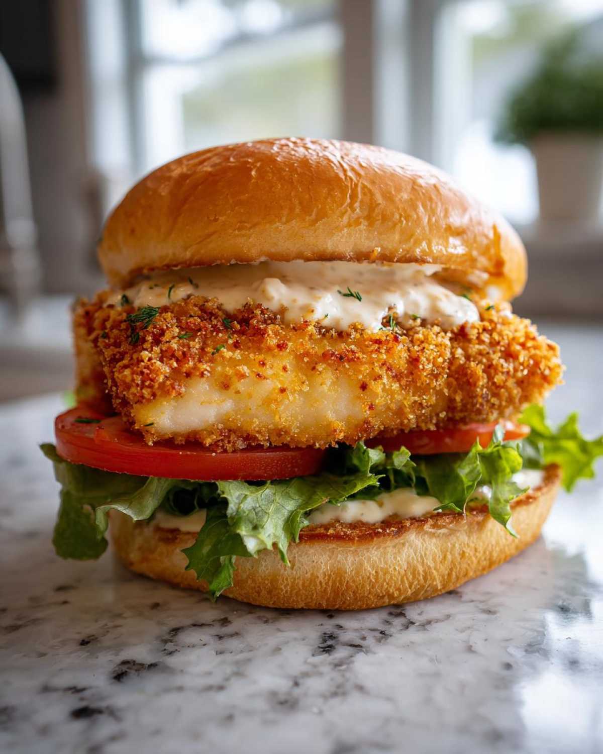 Close-up of an Air Fryer Crispy Fish Sandwich featuring a golden fillet, lettuce, tomato, and tartar sauce on a brioche bun.