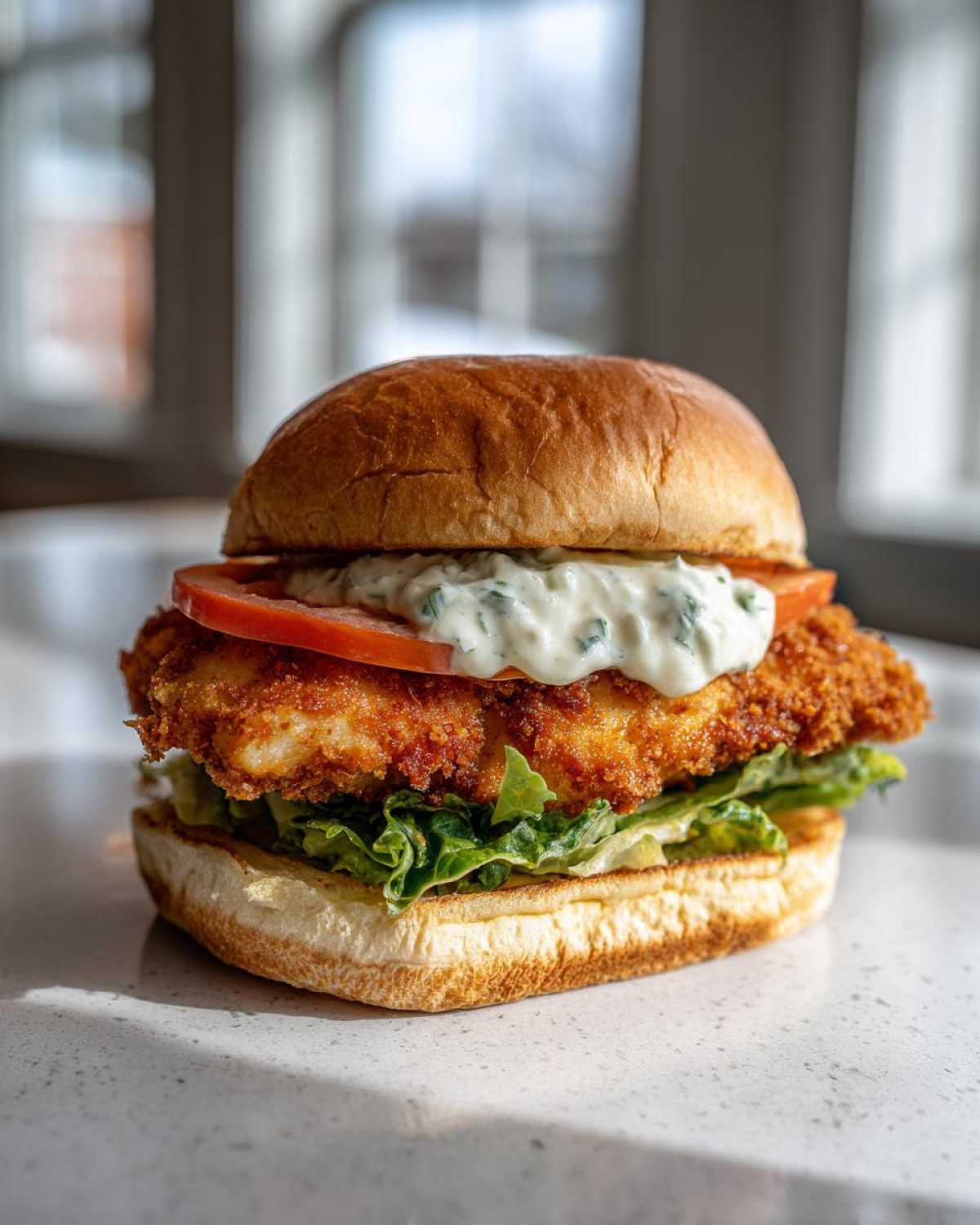 A perfectly assembled Air Fryer Crispy Fish Sandwich featuring a golden fried fillet, lettuce, tomato, and creamy tartar sauce.
