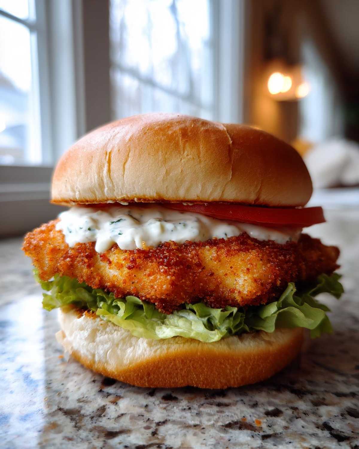 A perfectly assembled Air Fryer Crispy Fish Sandwich featuring a golden fillet, lettuce, tomato, and creamy tartar sauce on a bun.
