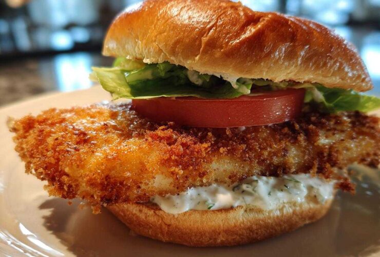 A close-up of an Air Fryer Crispy Fish Sandwich featuring a golden breaded fillet, tartar sauce, tomato, and lettuce on a brioche bun.