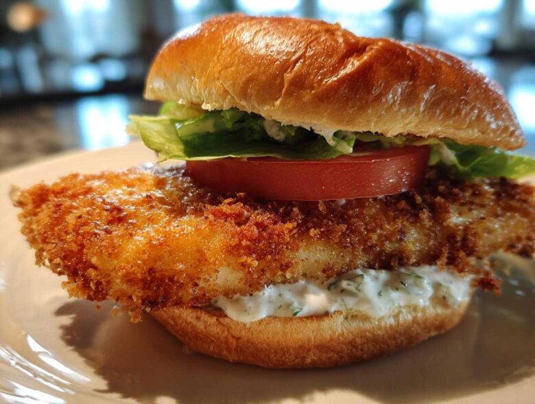 A close-up of an Air Fryer Crispy Fish Sandwich featuring a golden breaded fillet, tartar sauce, tomato, and lettuce on a brioche bun.