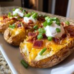 Close-up of three Air Fryer Crispy Potato Skins loaded with cheese, bacon, sour cream, and green onions.