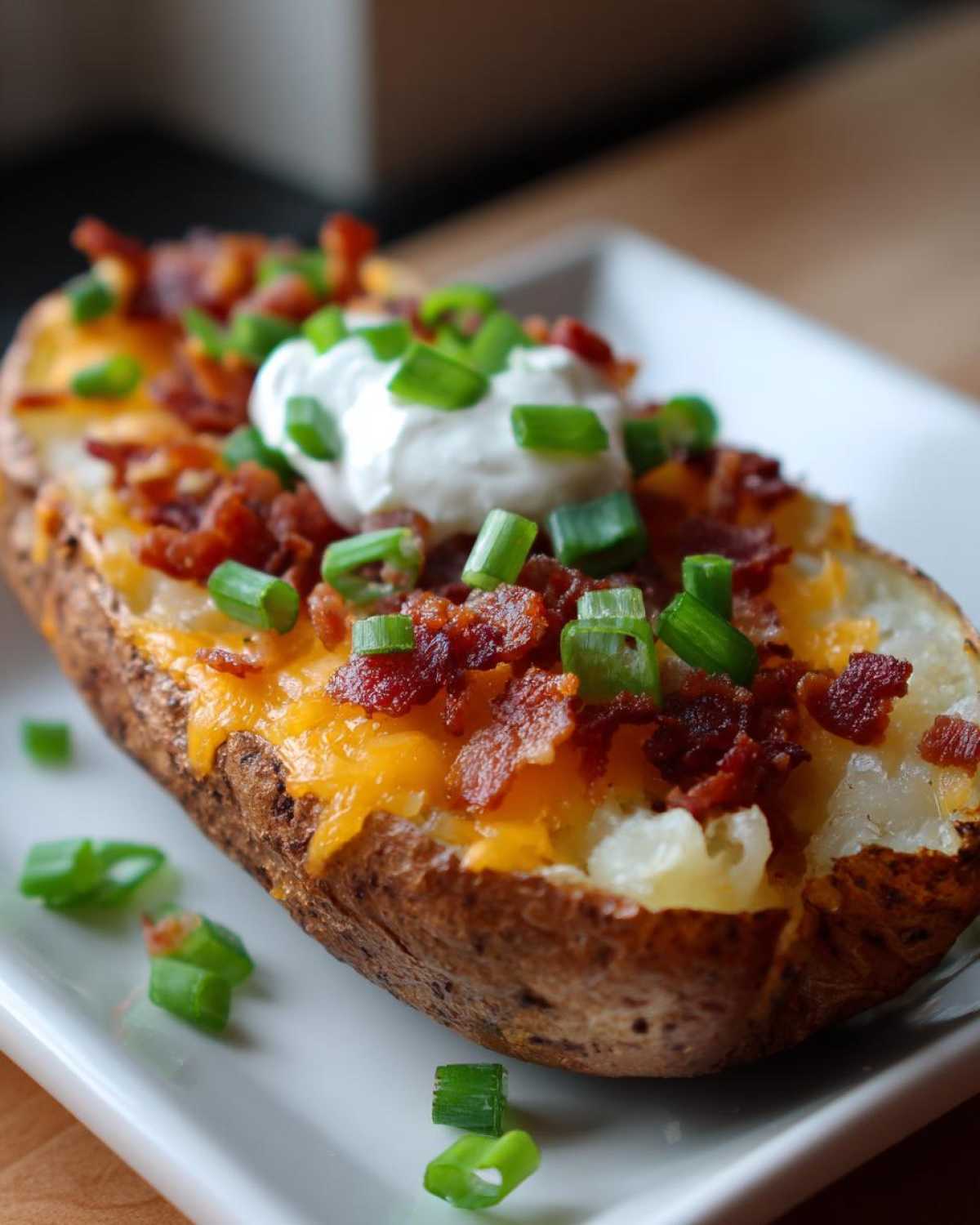 A close-up of an Air Fryer Crispy Potato Skins half loaded with melted cheese, bacon bits, sour cream, and chives.
