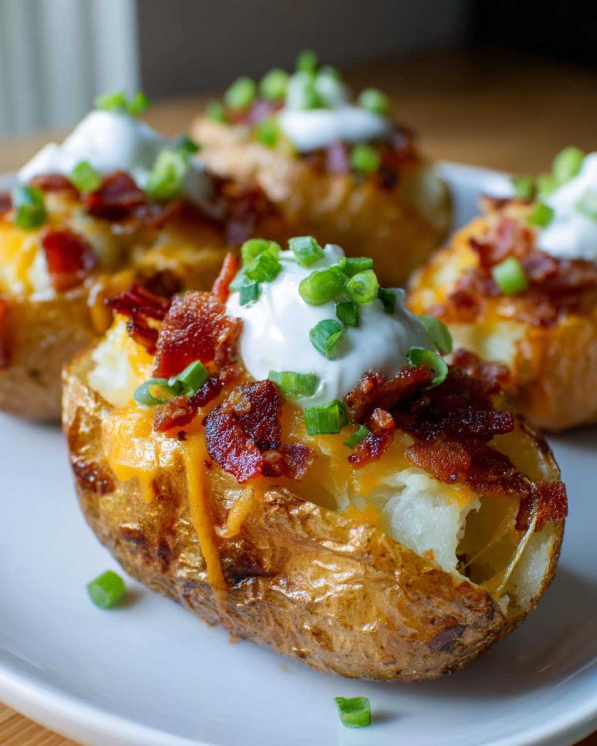 Close-up of fully loaded Air Fryer Crispy Potato Skins topped with cheese, bacon, sour cream, and chives.