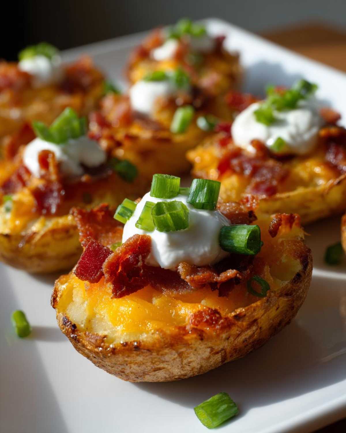 Close-up of delicious Air Fryer Crispy Potato Skins topped with melted cheese, bacon bits, sour cream, and green onions.