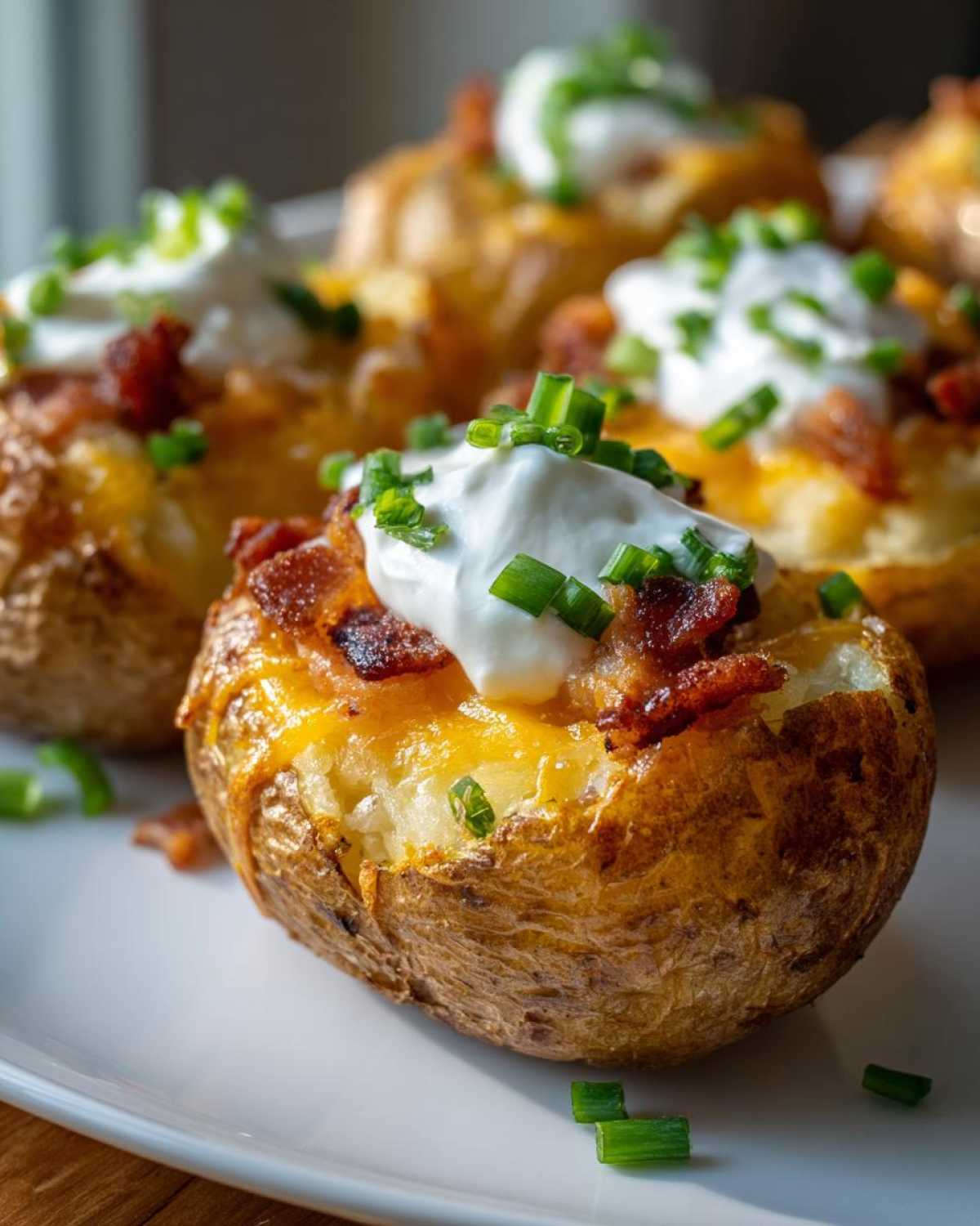 Close-up of a perfectly cooked Air Fryer Crispy Potato Skins topped with melted cheese, bacon bits, sour cream, and chives.