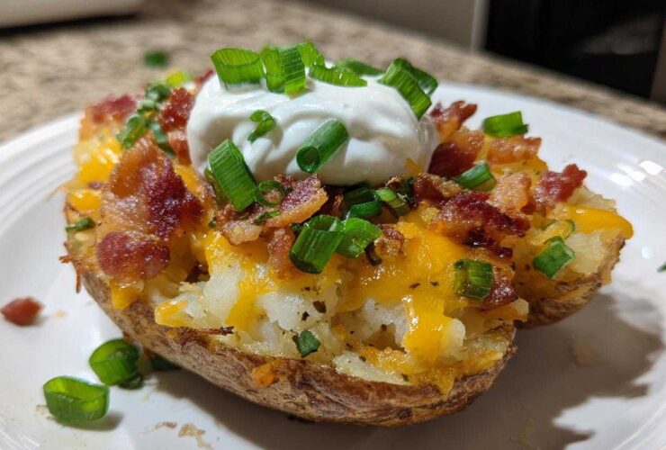 A fully loaded Air Fryer Crispy Potato Skins half topped with melted cheese, bacon bits, sour cream, and chives.