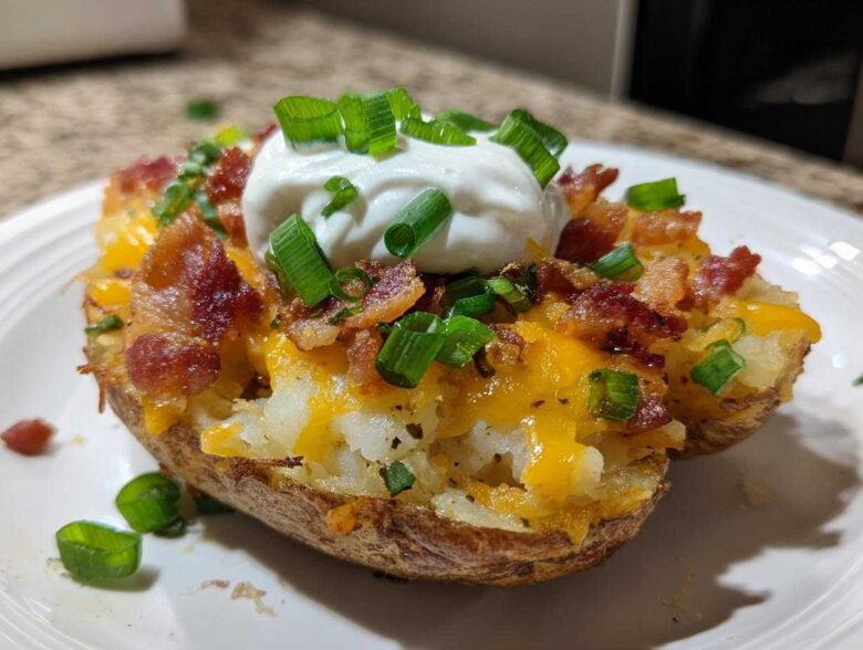 A fully loaded Air Fryer Crispy Potato Skins half topped with melted cheese, bacon bits, sour cream, and chives.
