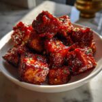 Close-up of glossy, dark red Air Fryer Crispy Tofu with Sweet Chili Glaze piled in a white bowl.