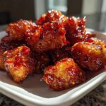 Close-up of golden, crispy tofu pieces coated in a thick, glossy sweet chili glaze.