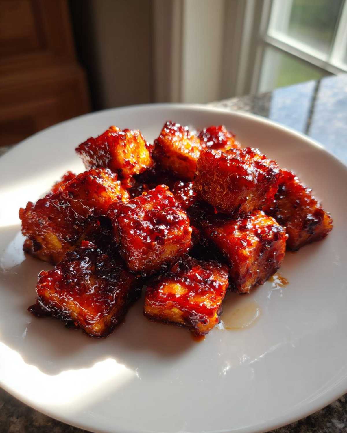 Close-up of crispy, glazed cubes of Air Fryer Crispy Tofu with Sweet Chili Glaze piled on a white plate.