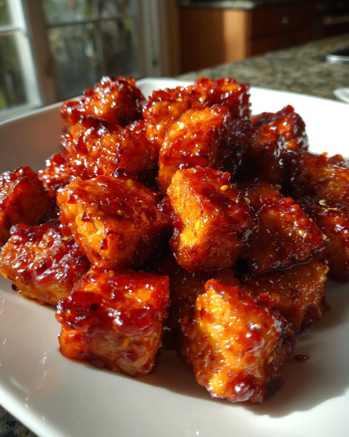 Close-up of crispy tofu cubes coated in a shiny, dark red sweet chili glaze, ready to eat.