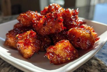 Close-up of golden, crispy tofu pieces coated in a thick, glossy sweet chili glaze.