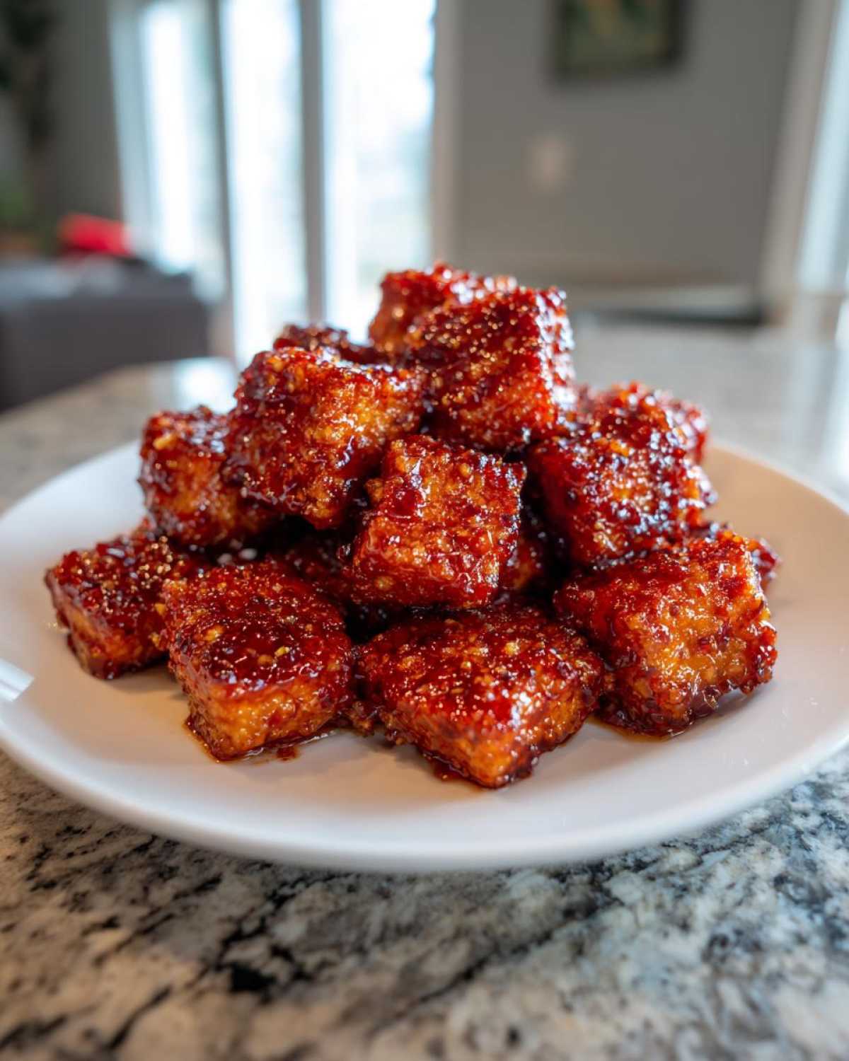 A mound of crispy, glazed Air Fryer Crispy Tofu with Sweet Chili Glaze piled high on a white plate.