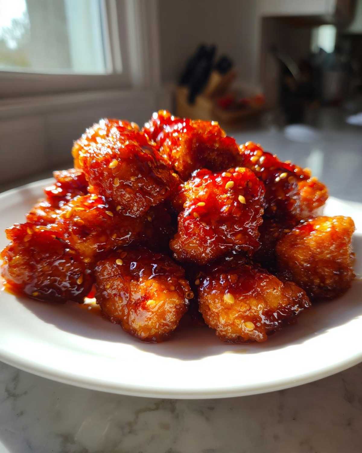 A pile of crispy, glazed tofu pieces coated in sweet chili glaze and sprinkled with sesame seeds, ready to eat.