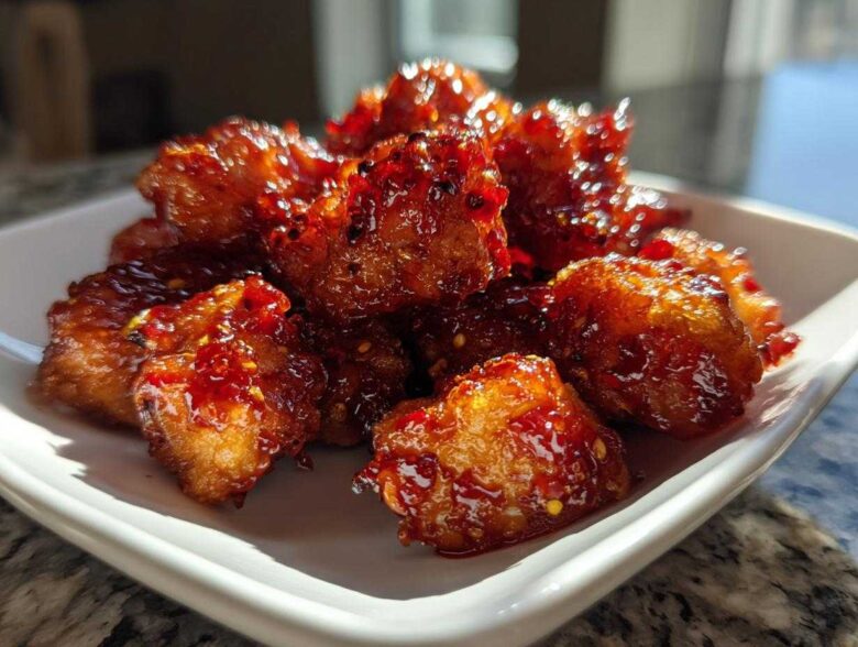Close-up of golden, crispy tofu pieces coated in a thick, glossy sweet chili glaze.