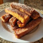 A stack of golden Air Fryer French Toast Sticks generously coated in sparkling cinnamon sugar on a white plate.