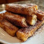 A stack of golden Air Fryer French Toast Sticks heavily coated in sparkling cinnamon sugar on a white plate.