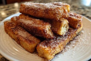 A stack of golden Air Fryer French Toast Sticks heavily coated in sparkling cinnamon sugar on a white plate.