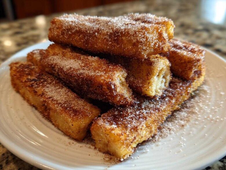 A stack of golden Air Fryer French Toast Sticks heavily coated in sparkling cinnamon sugar on a white plate.