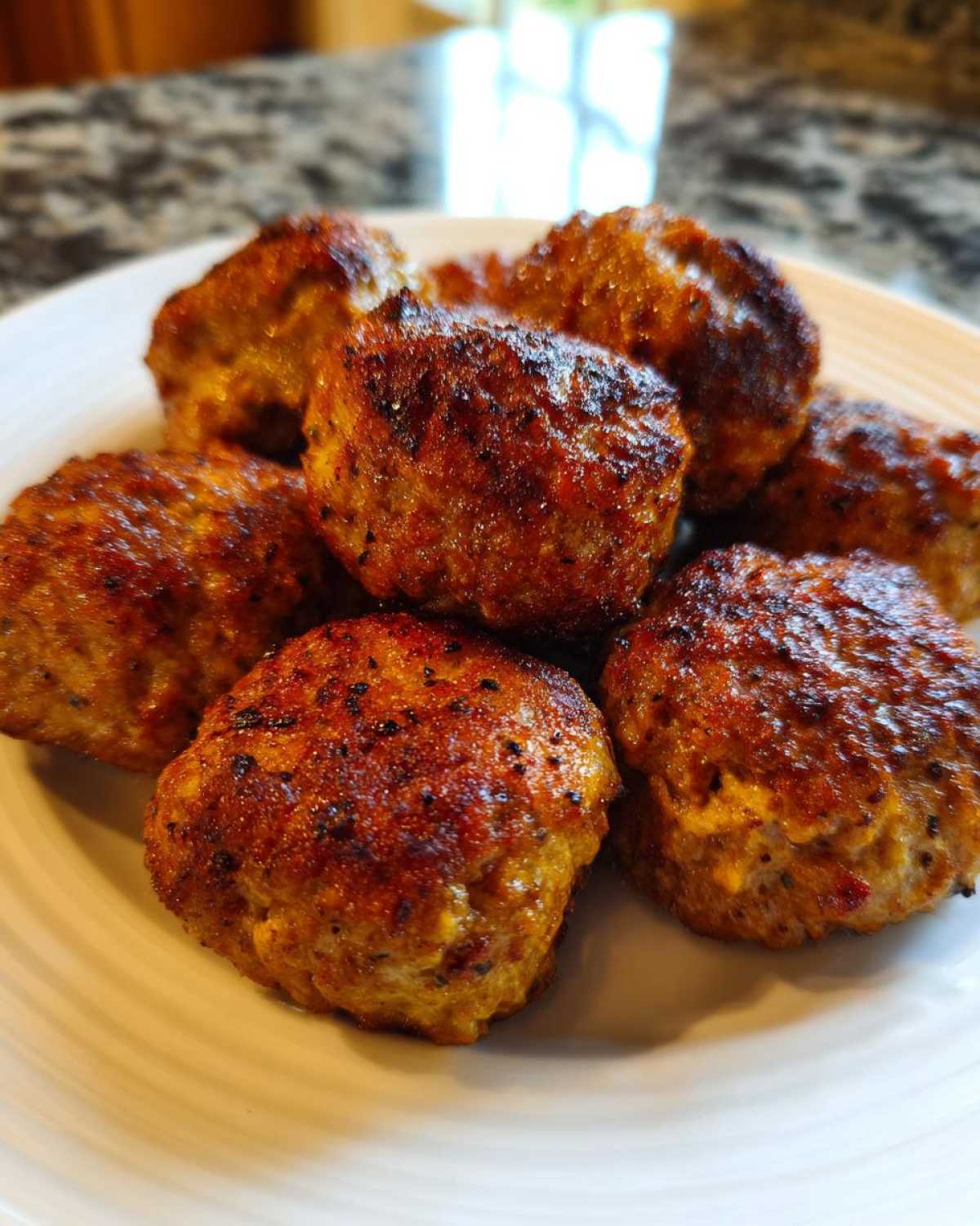 Close-up of several perfectly browned Air Fryer Italian Meatballs stacked on a white plate.