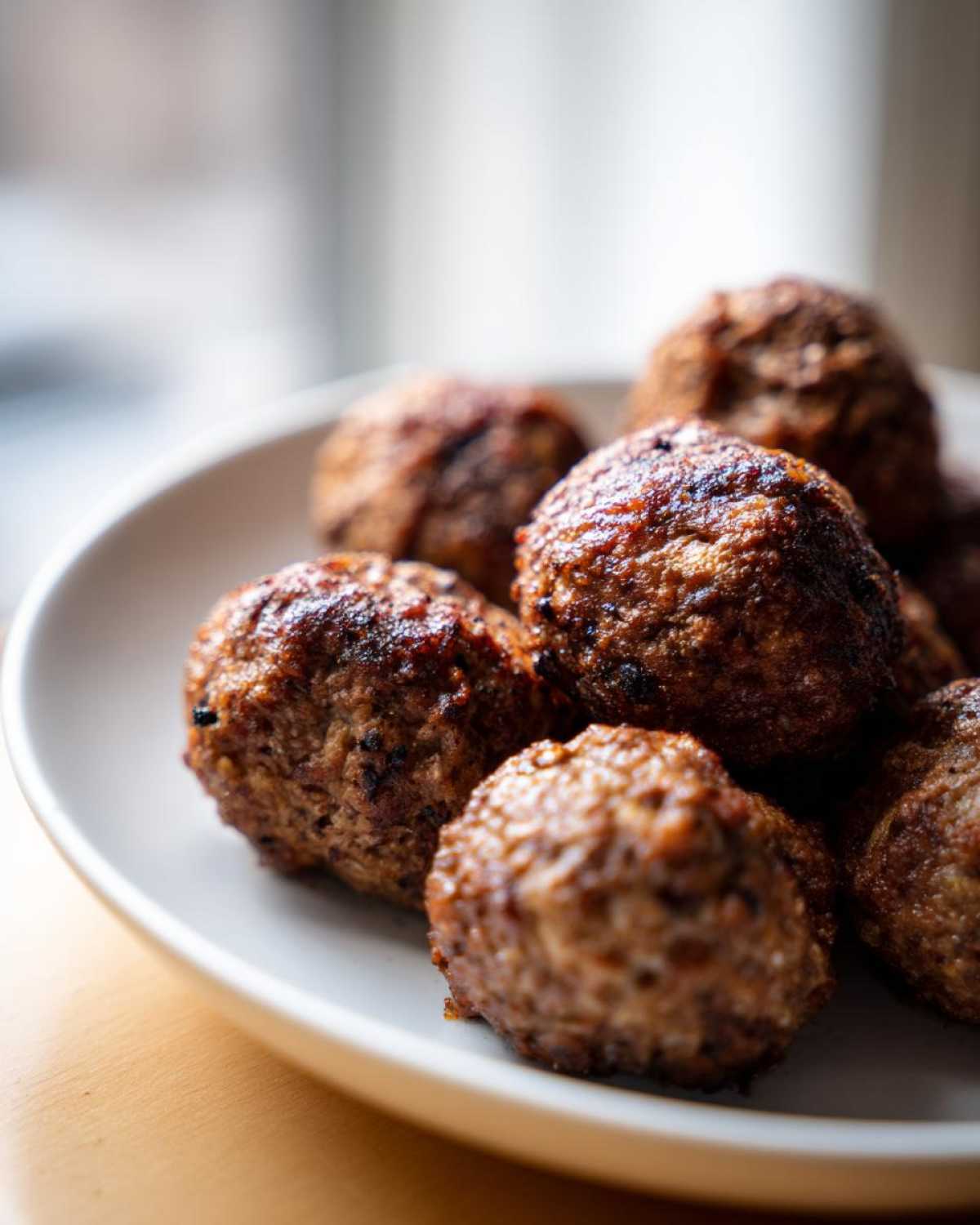 Close-up of several browned Air Fryer Italian Meatballs piled on a white plate.
