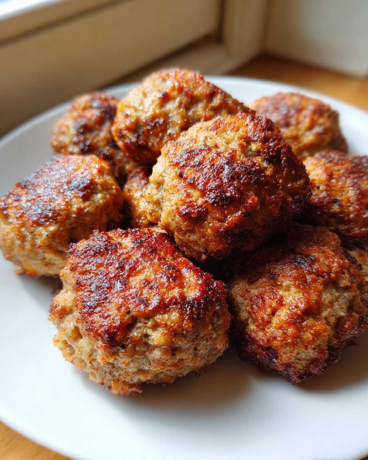 A close-up shot of several golden-brown, slightly charred Air Fryer Italian Meatballs piled on a white plate.