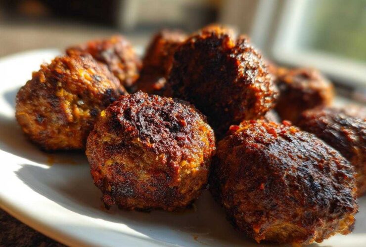 Close-up of several browned Air Fryer Italian Meatballs resting on a white plate, catching bright sunlight.