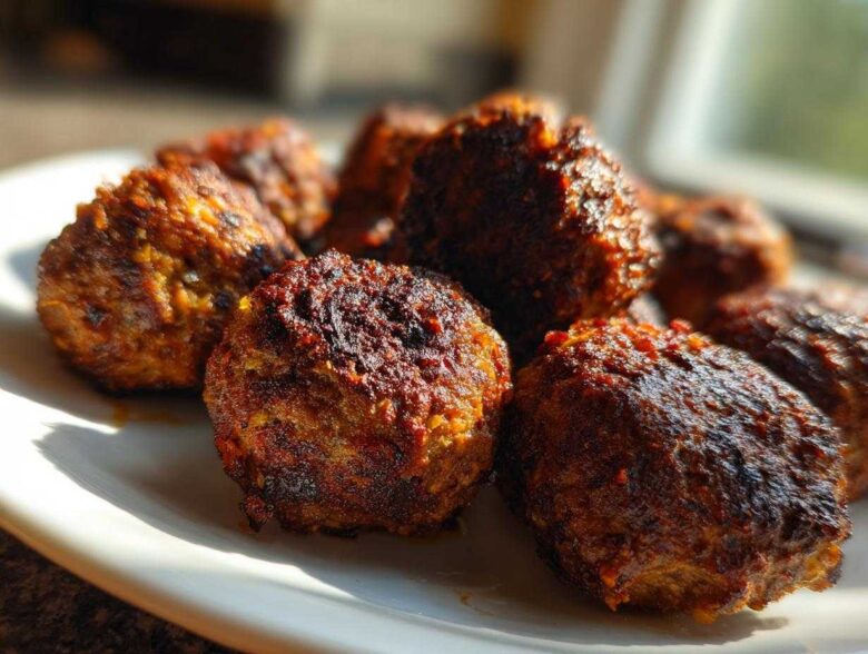 Close-up of several browned Air Fryer Italian Meatballs resting on a white plate, catching bright sunlight.