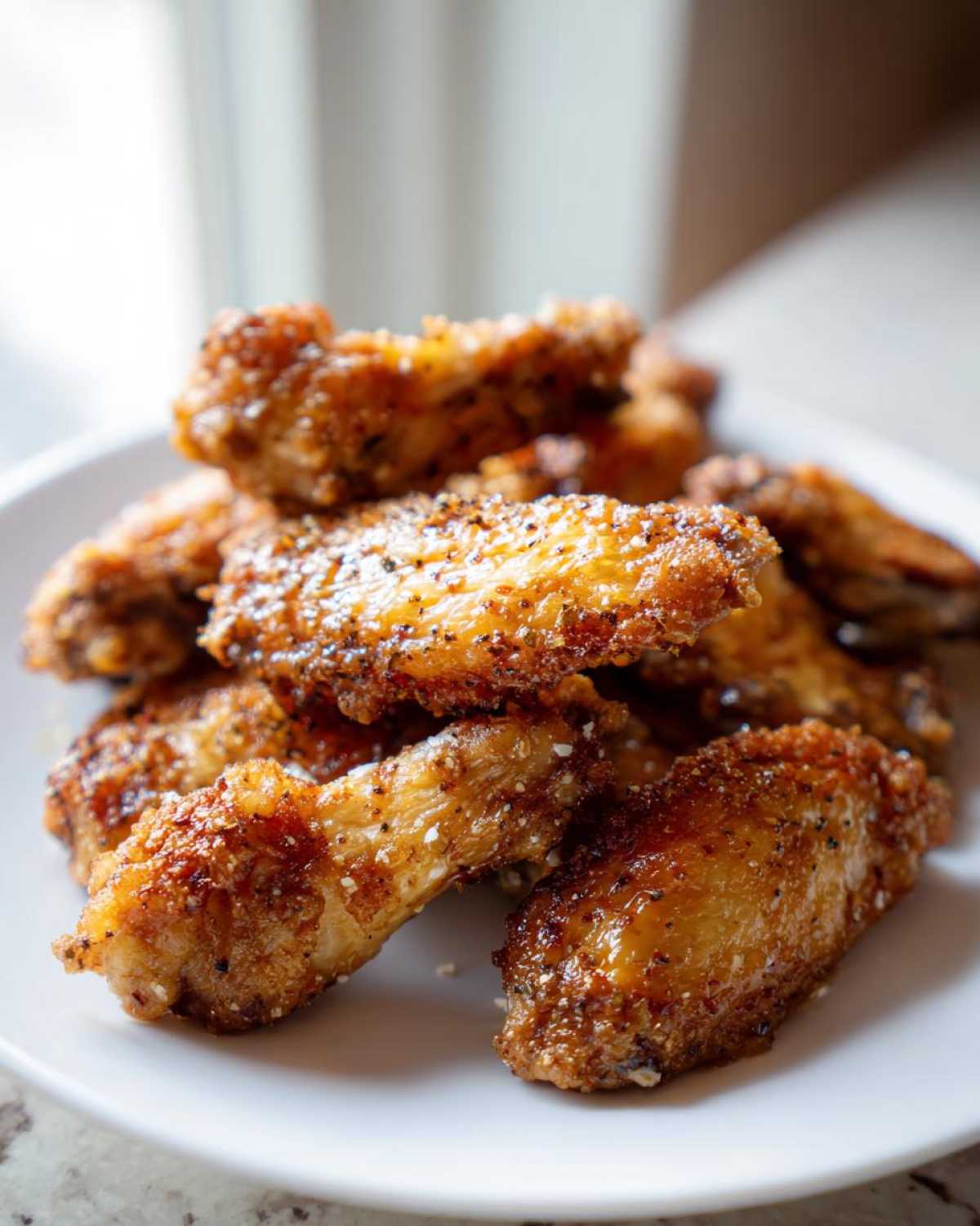 Close-up of crispy, golden brown Air Fryer Lemon Pepper Wings piled on a white plate.