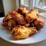 A pile of golden brown, crispy Air Fryer Lemon Pepper Wings served on a white plate near a window.