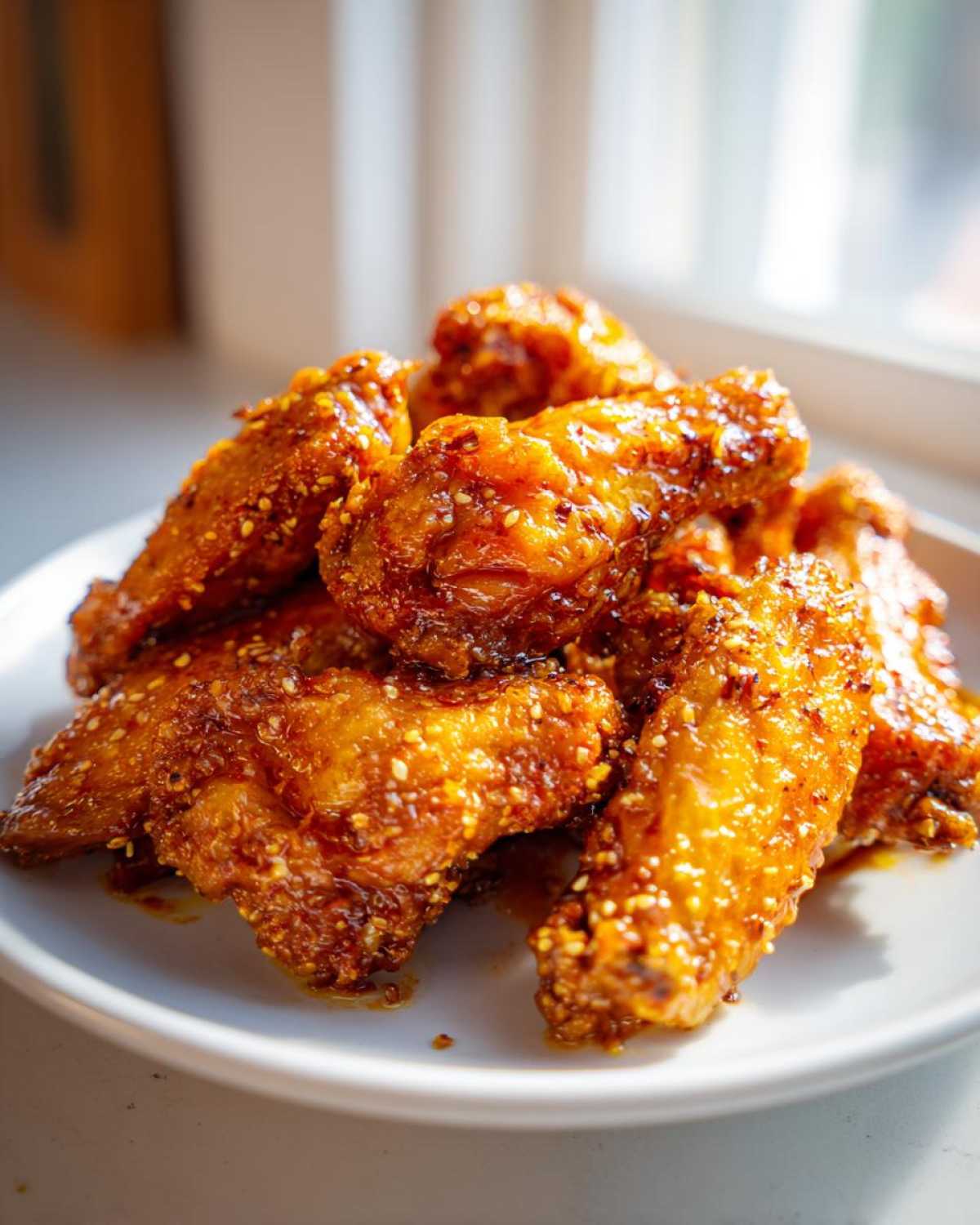 A close-up of crispy Air Fryer Lemon Pepper Wings coated in a glaze and sesame seeds on a white plate.