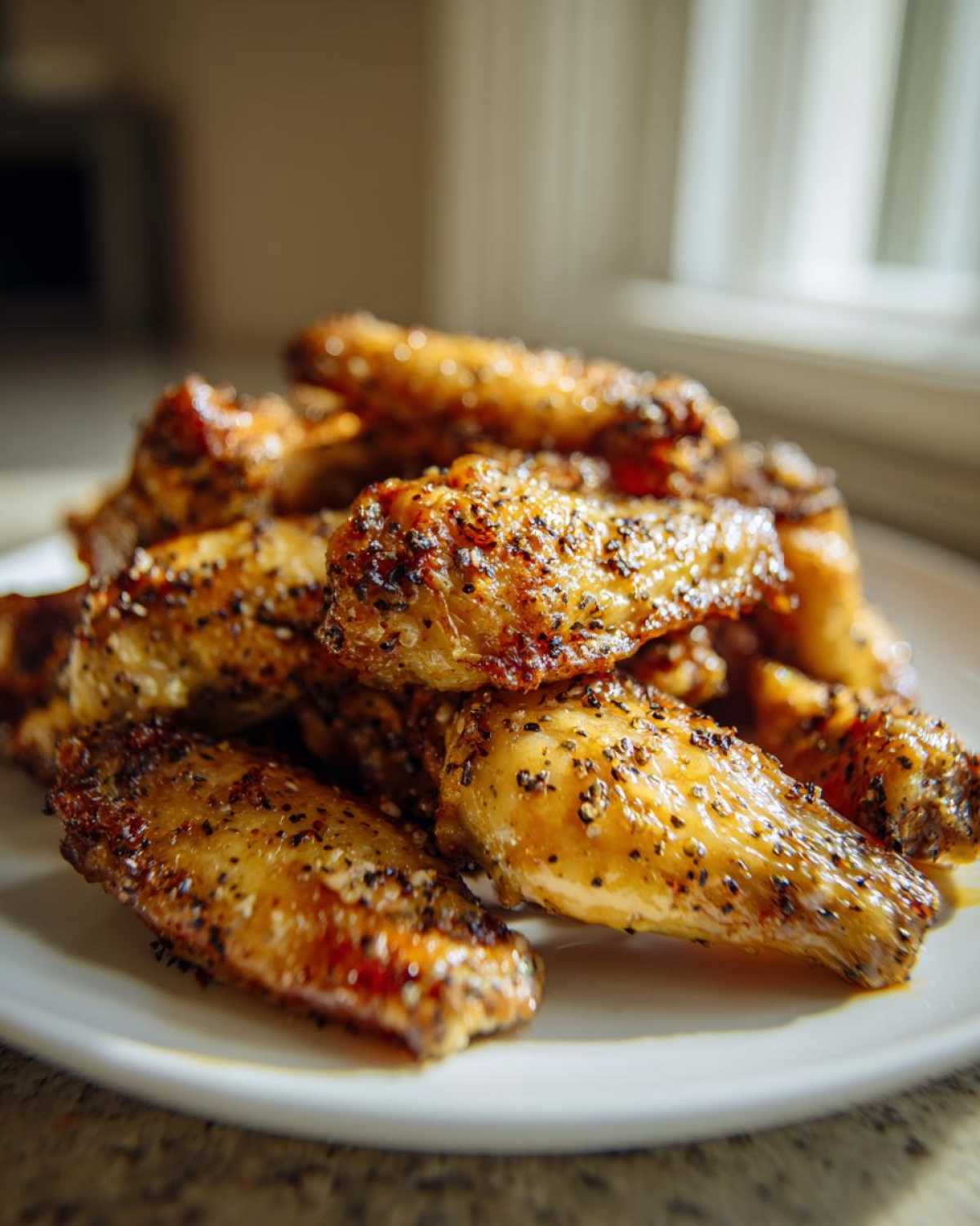 A close-up of crispy, golden Air Fryer Lemon Pepper Wings piled high on a white plate.